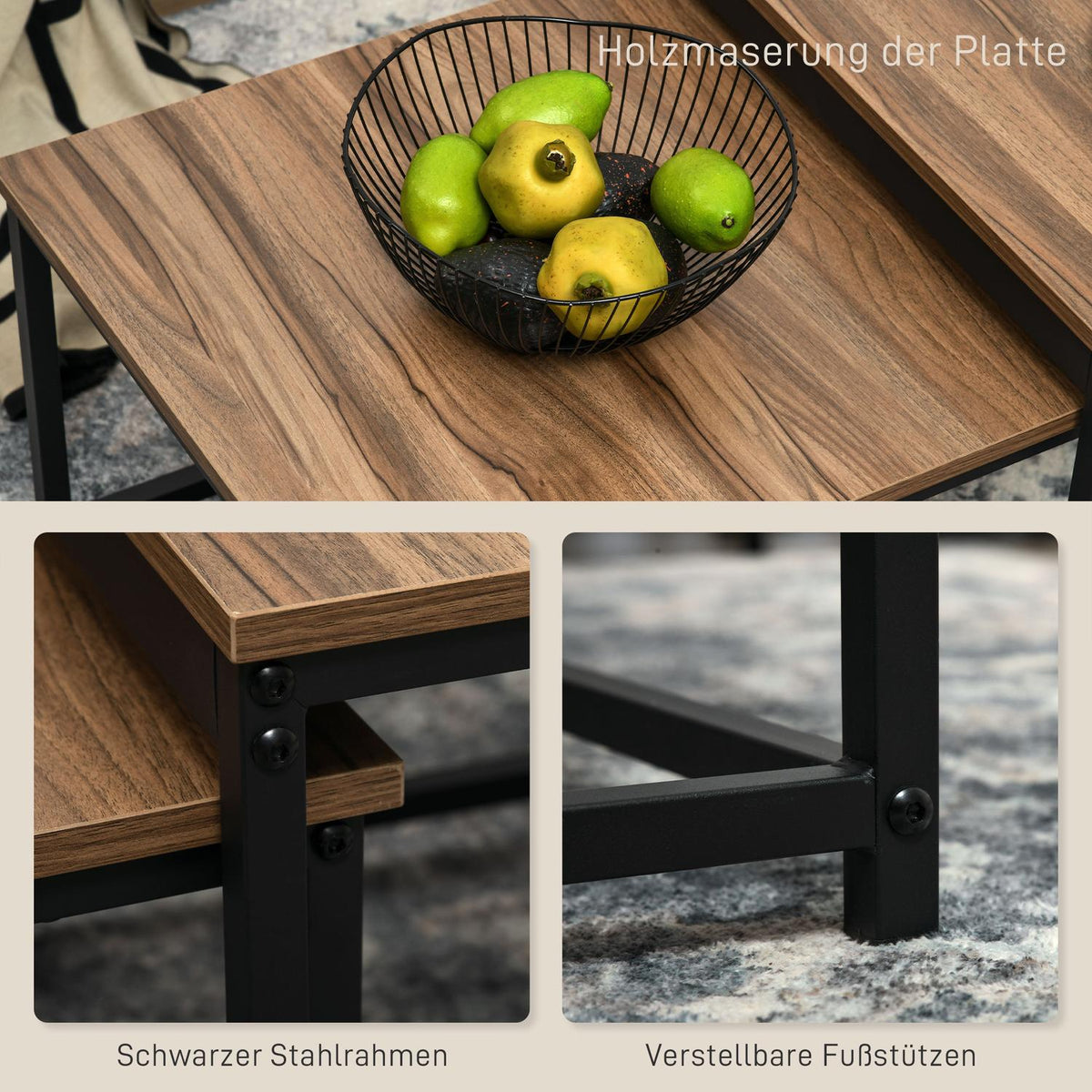 Coffee Table Set Of 2 Side Tables In Industrial Design, Living Room Table With Wood Look, Steel, Natural