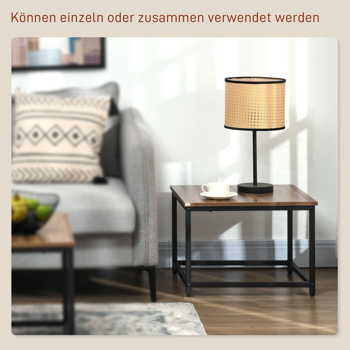 Coffee Table Set Of 2 Side Tables In Industrial Design, Living Room Table With Wood Look, Steel, Natural