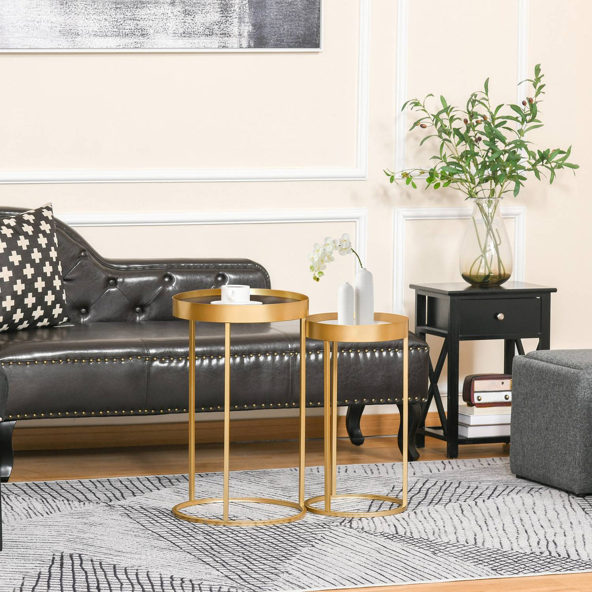 Coffee Table Set Of 2 Side Tables With Raised Edge, Round, Retro Design, Mdf Metal, Gold