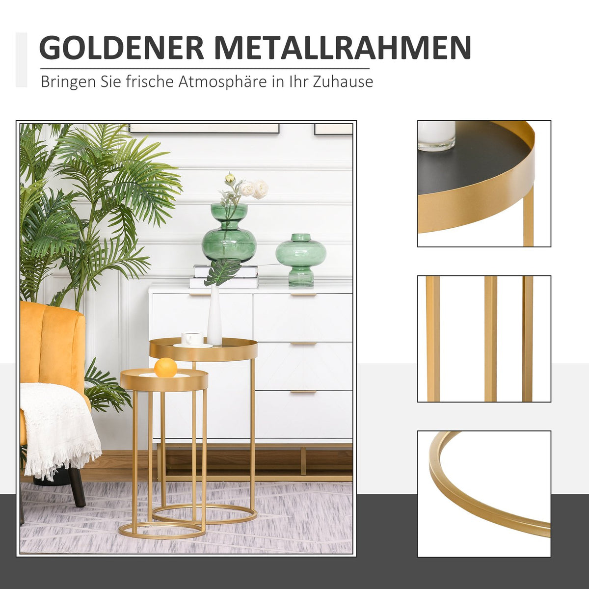 Coffee Table Set Of 2 Side Tables With Raised Edge, Round, Retro Design, Mdf Metal, Gold