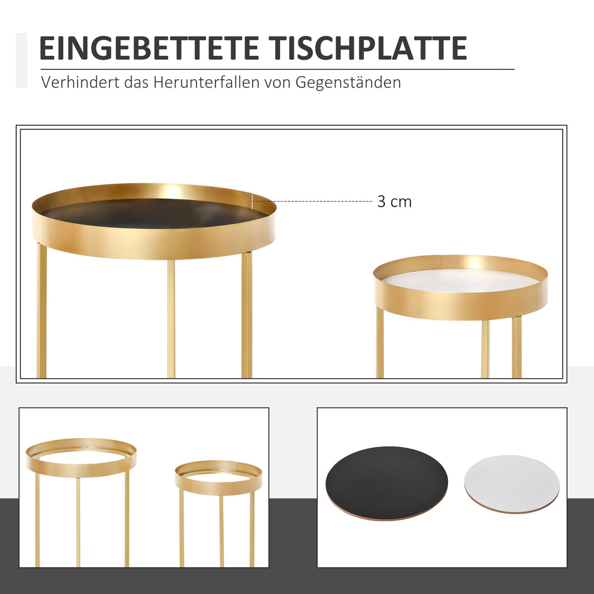 Coffee Table Set Of 2 Side Tables With Raised Edge, Round, Retro Design, Mdf Metal, Gold