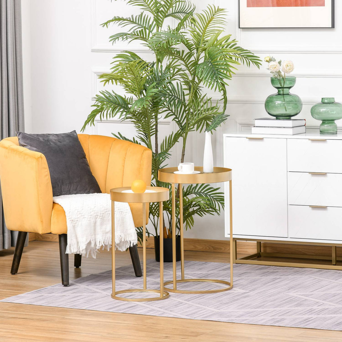 Coffee Table Set Of 2 Side Tables With Raised Edge, Round, Retro Design, Mdf Metal, Gold