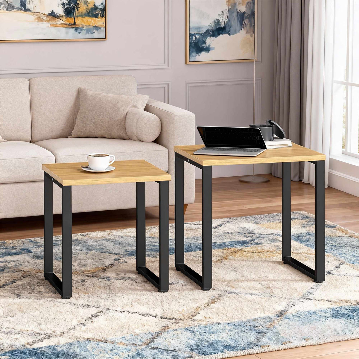 Coffee Table Set of 2, Wood Look, Metal Frame, Nesting Design
