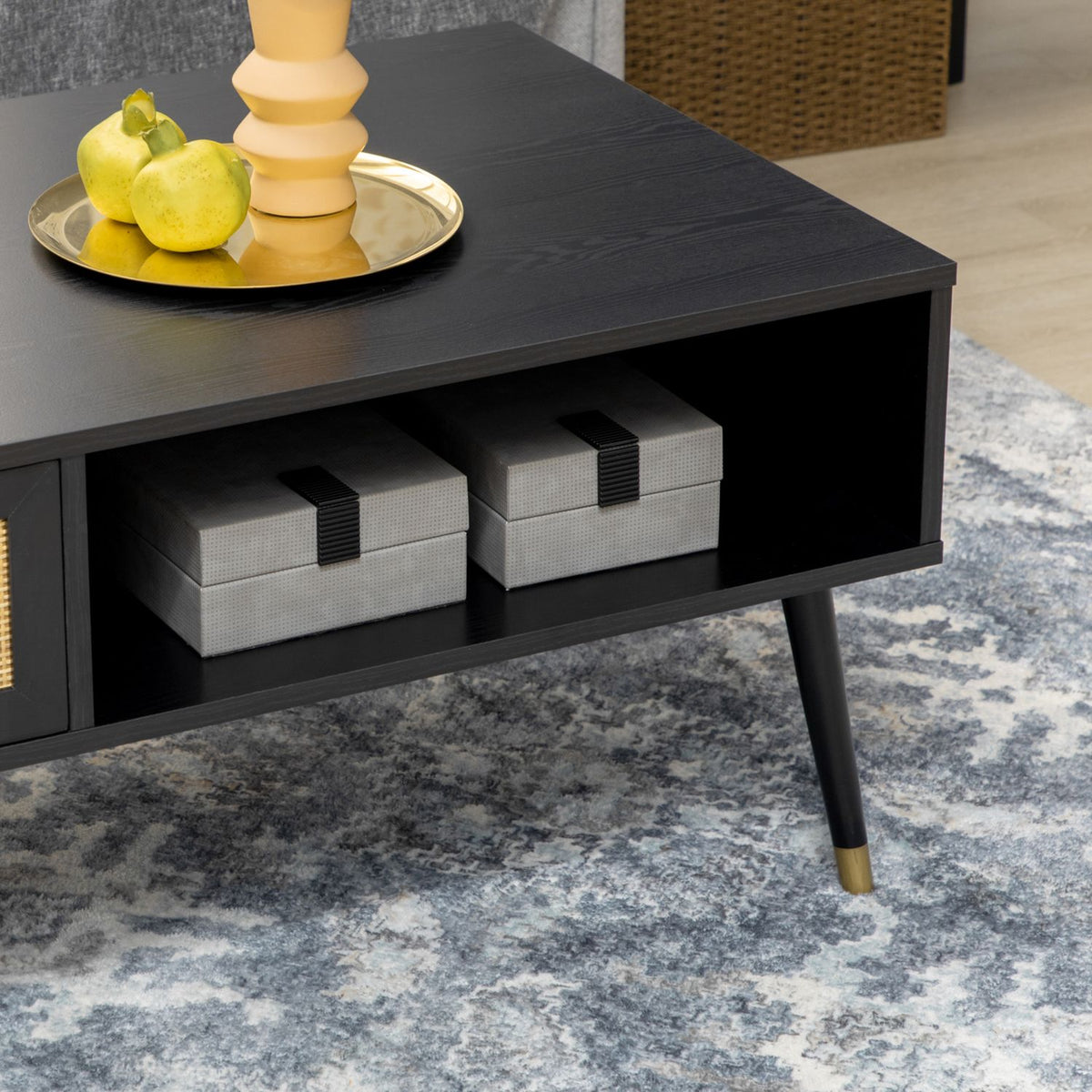 Coffee Table Side Table With Drawer And 2 Compartments, Rattan Look, Black, 120X59X45Cm