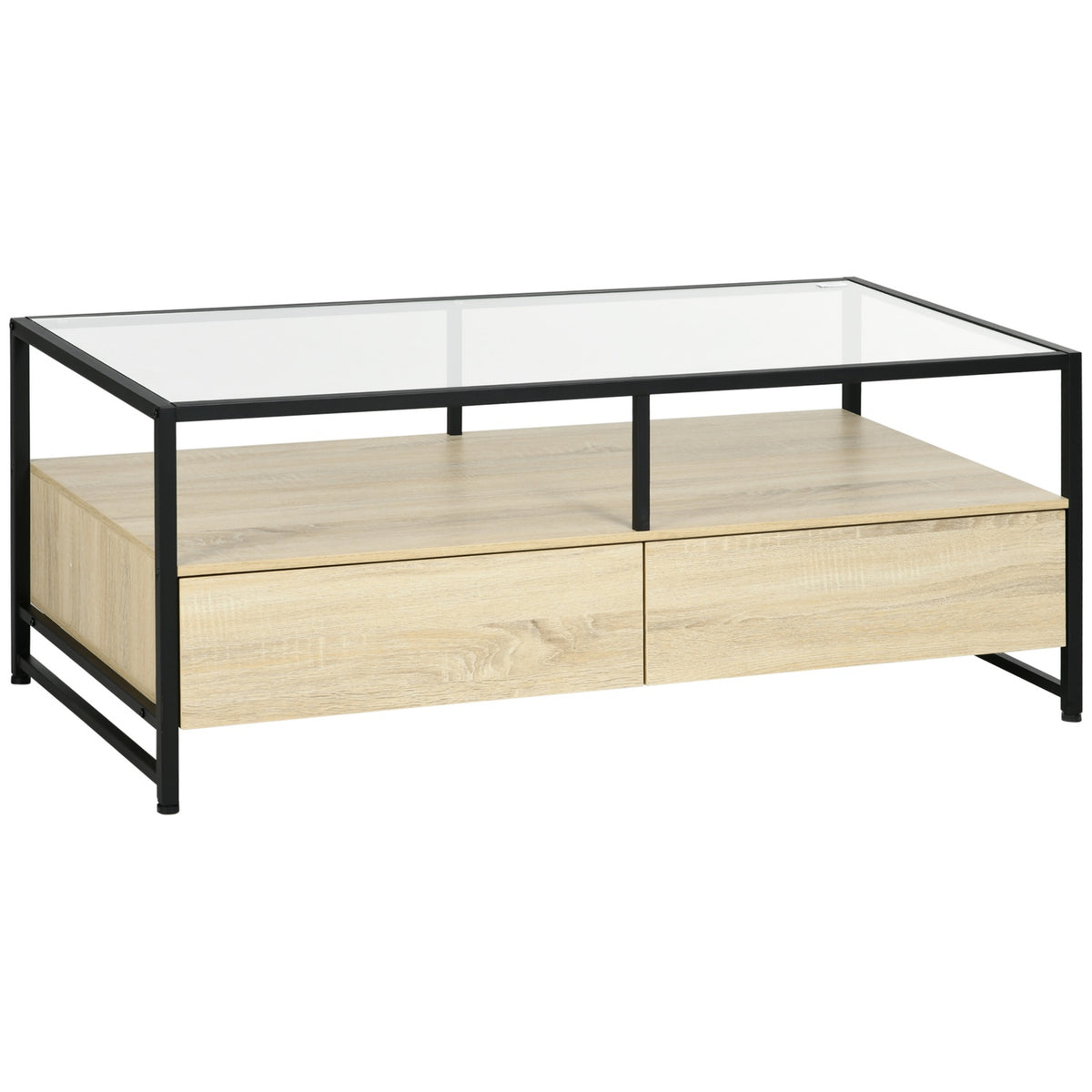 Coffee Table Side Table With Drawer & Glass Top, Coffee Table With Storage Space, Sofa Table, Steel, Oak