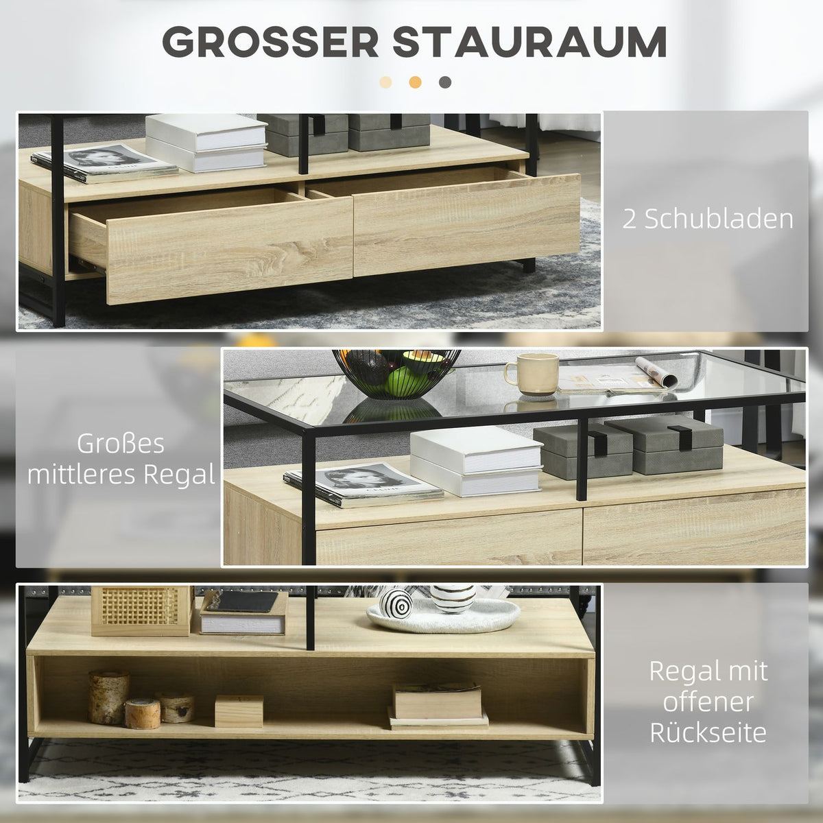 Coffee Table Side Table With Drawer & Glass Top, Coffee Table With Storage Space, Sofa Table, Steel, Oak