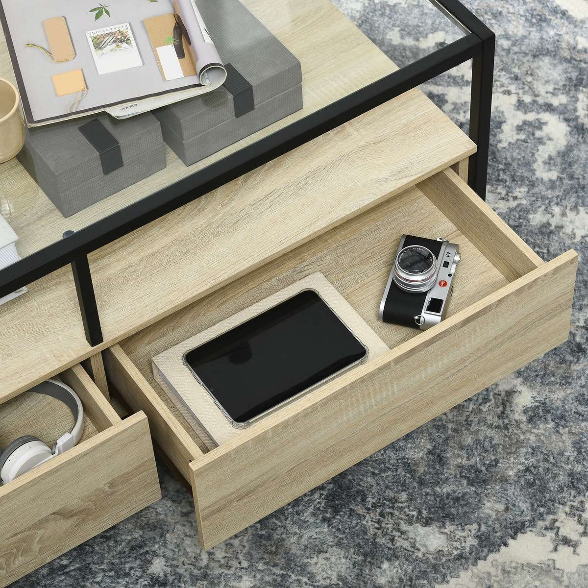 Coffee Table Side Table With Drawer & Glass Top, Coffee Table With Storage Space, Sofa Table, Steel, Oak