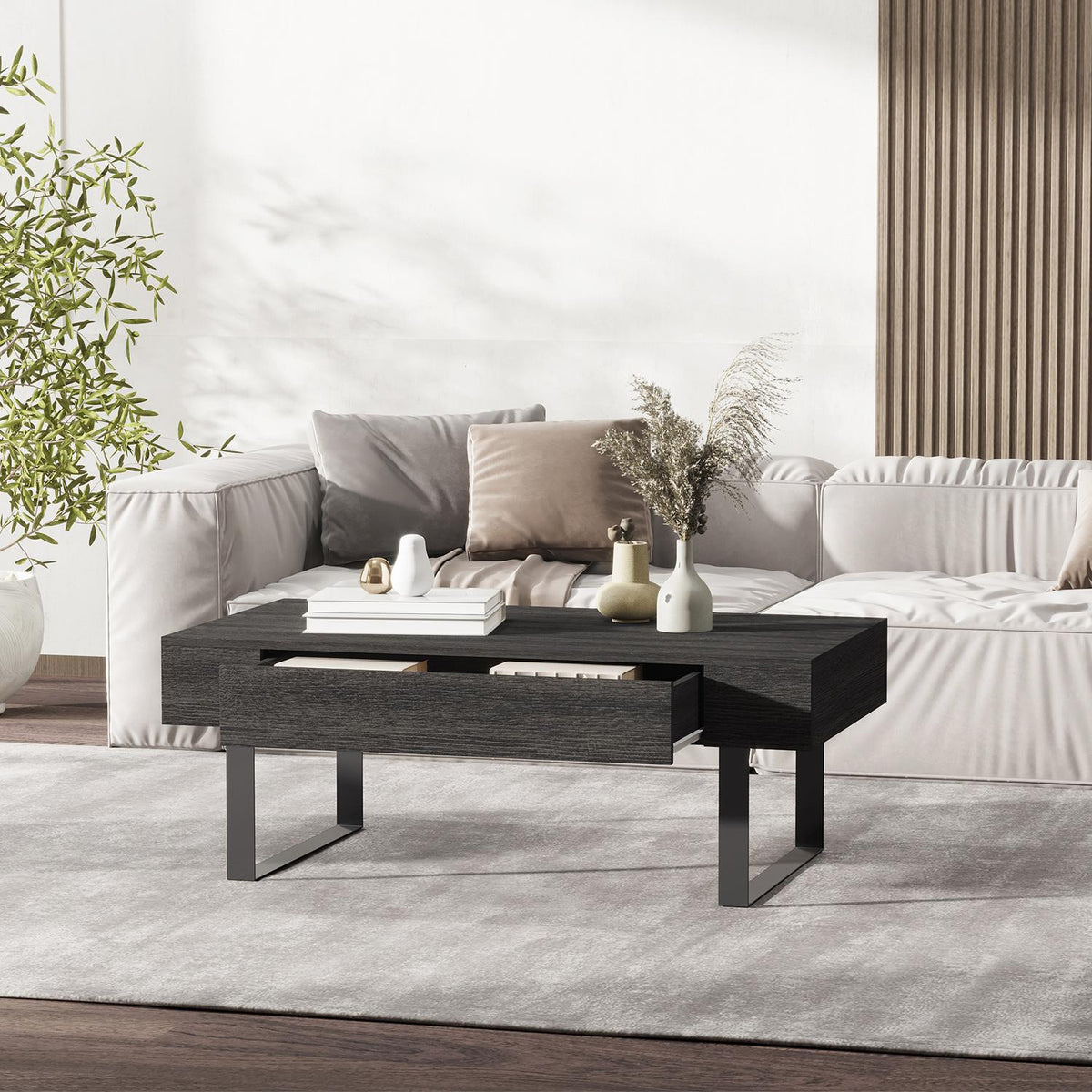 Coffee Table Side Table With Drawer & Shelves, Sturdy Steel Frame, Easy Assembly, Sofa Table