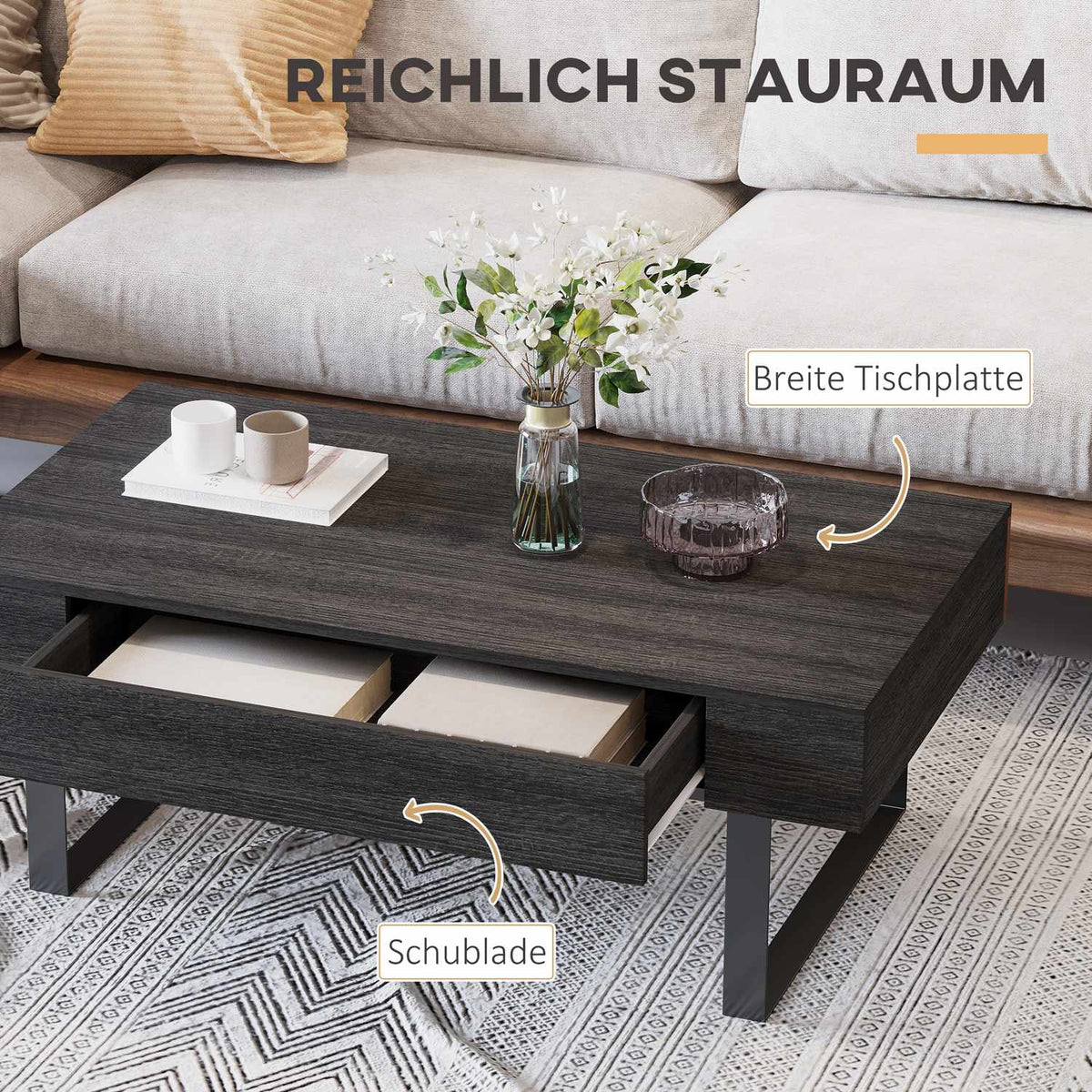 Coffee Table Side Table With Drawer & Shelves, Sturdy Steel Frame, Easy Assembly, Sofa Table
