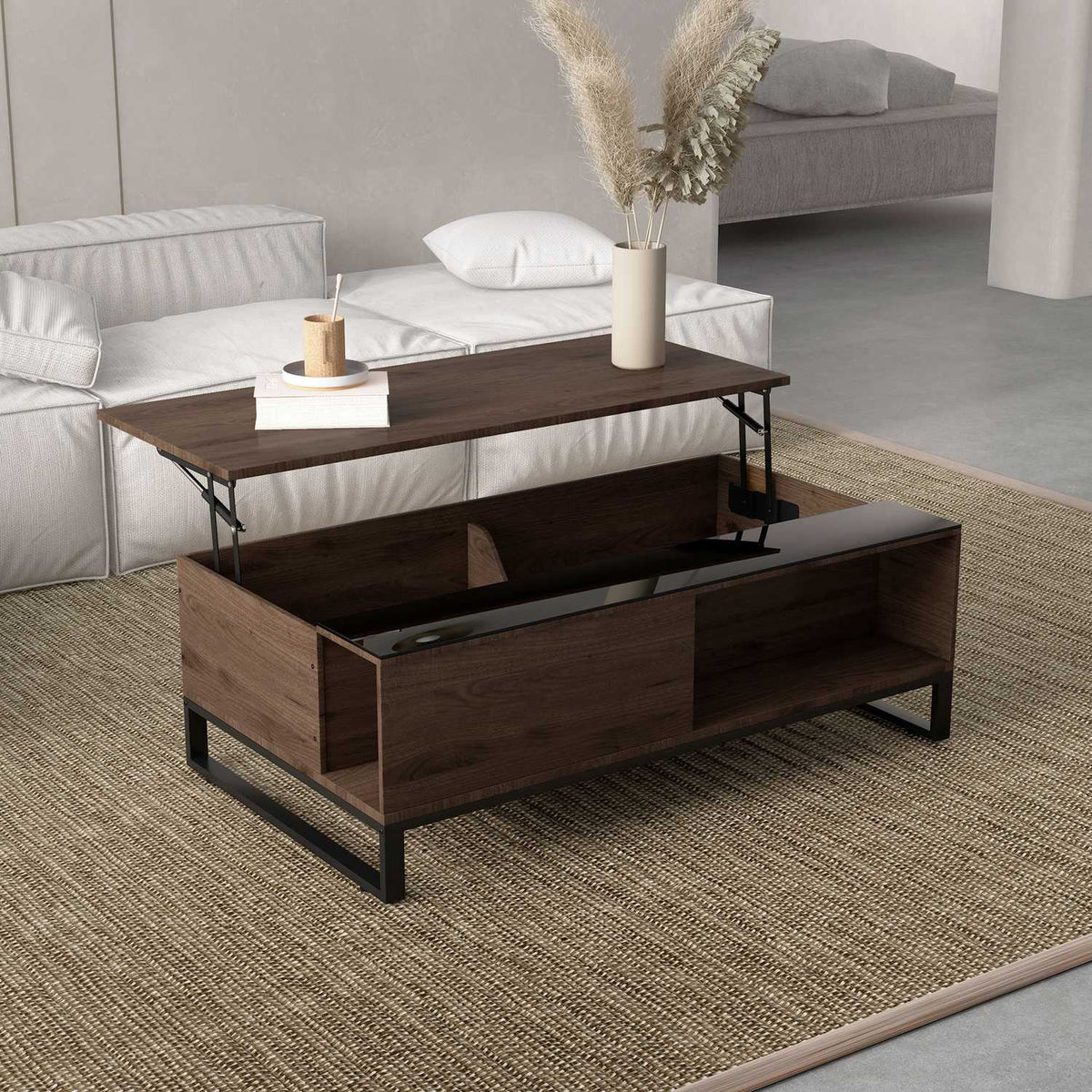 Coffee Table, Side Table With Lifting Function, Sofa Table With Storage Space, Coffee Table In Modern Design, Steel, Walnut, Black, 102 X 58 X 35.5 Cm