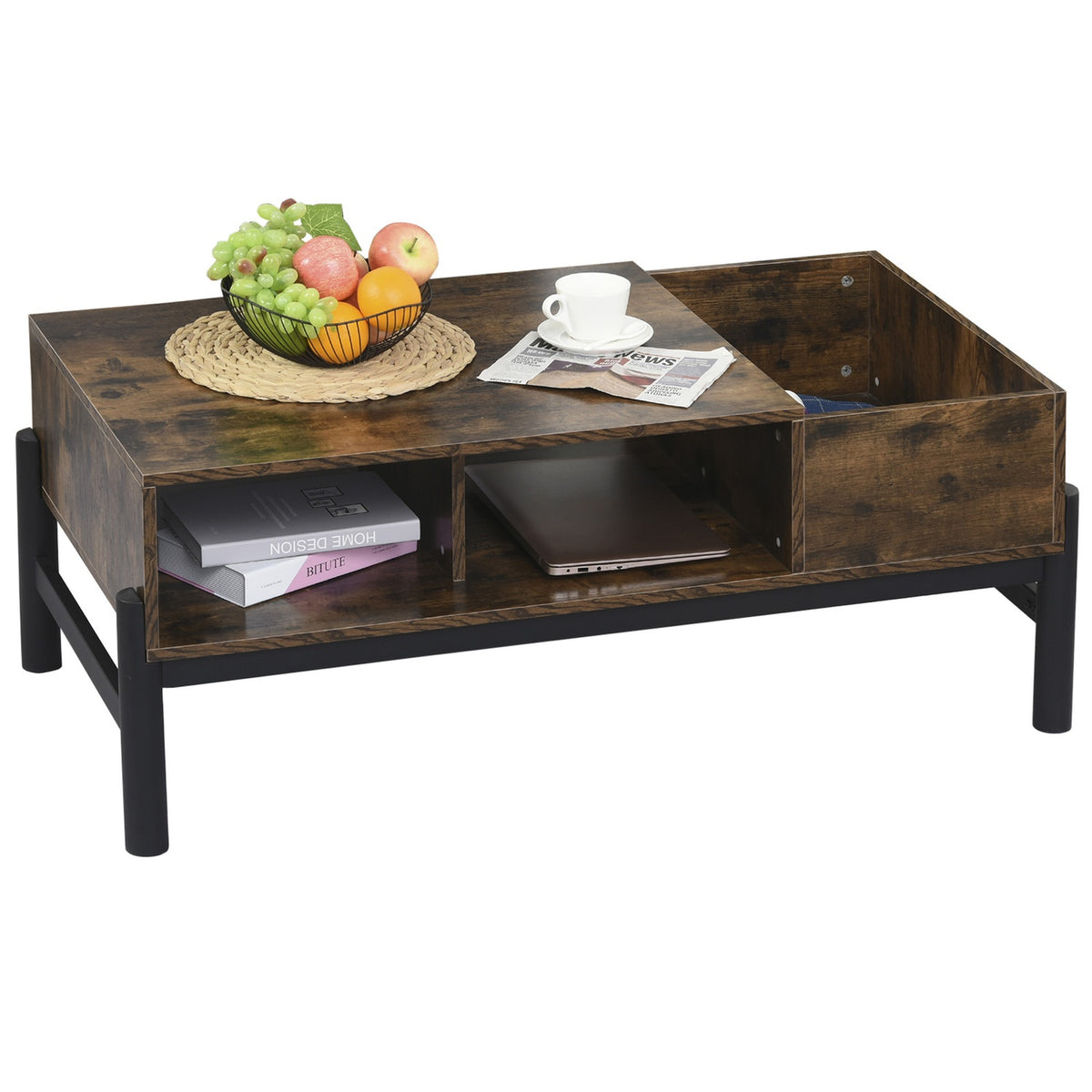 Coffee Table Side Table With Storage Compartment, Chipboard Metal, Brown + Black, 118X60X47Cm