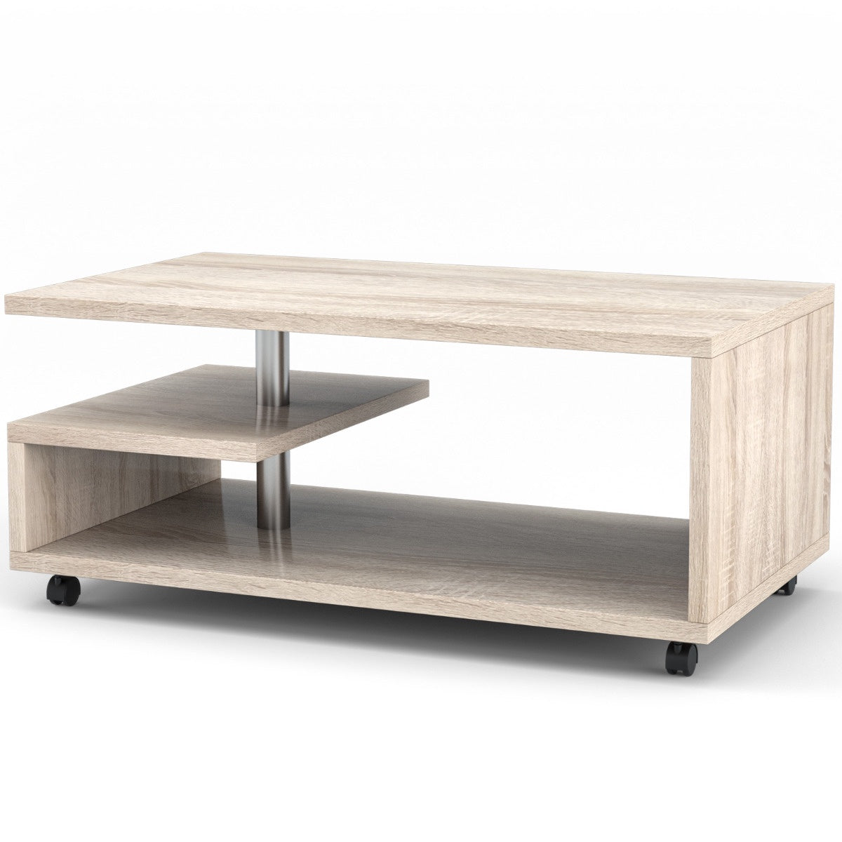 Coffee Table With 2 Shelves, Locking Casters, 105x60cm