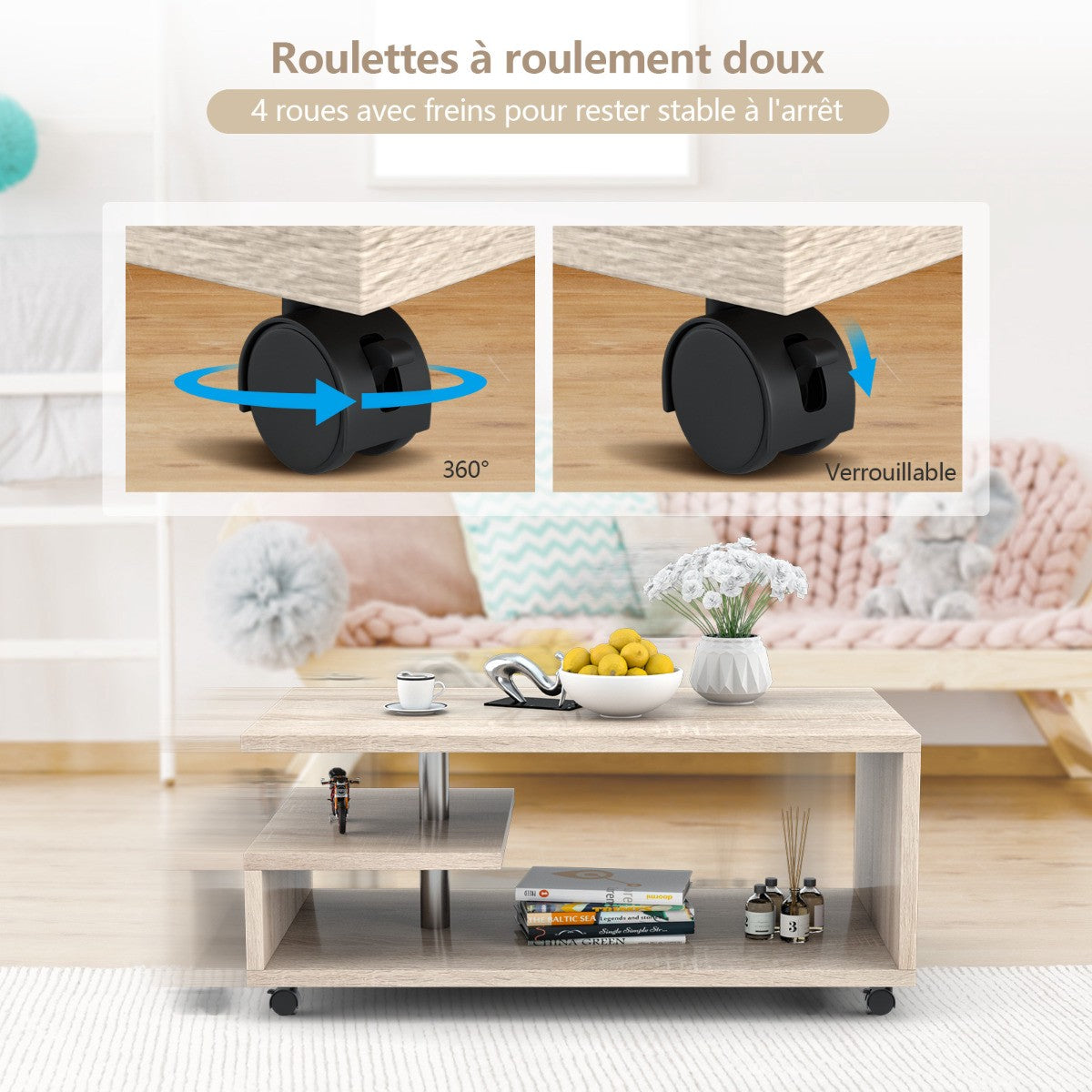 Coffee Table With 2 Shelves, Locking Casters, 105x60cm