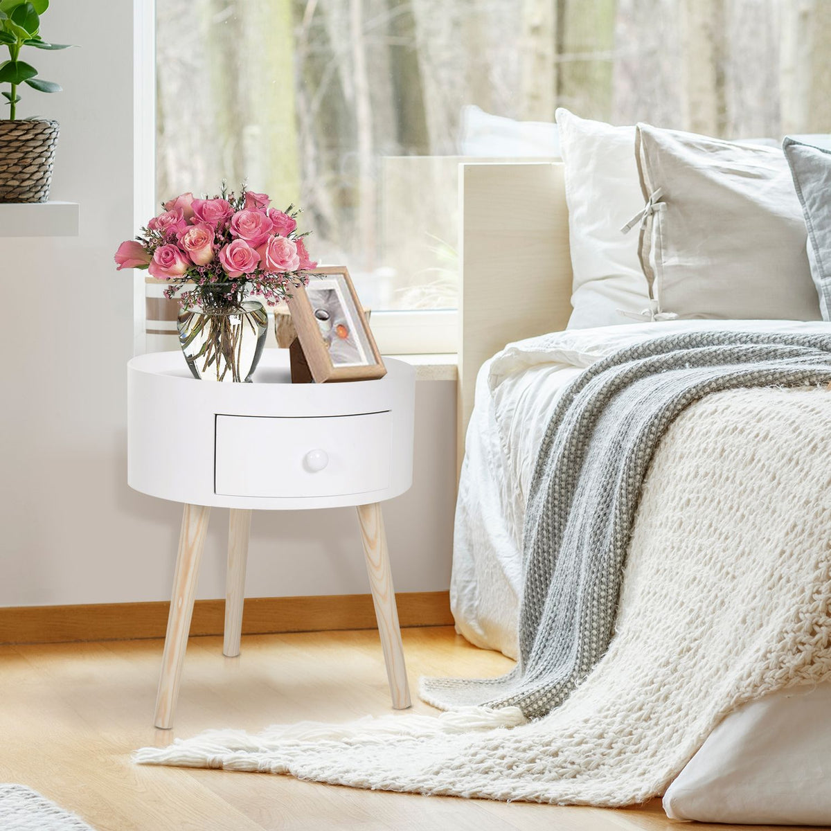 Coffee Table With Drawer, Round Side Table, Coffee Table, Load Capacity Up To 50 Kg, White, 38X38X45Cm