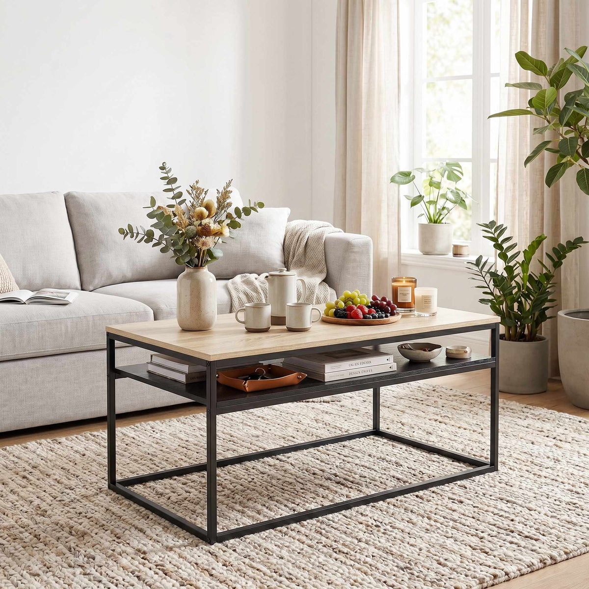 Coffee Table With Shelf, Oak Look and Black, 100 cm