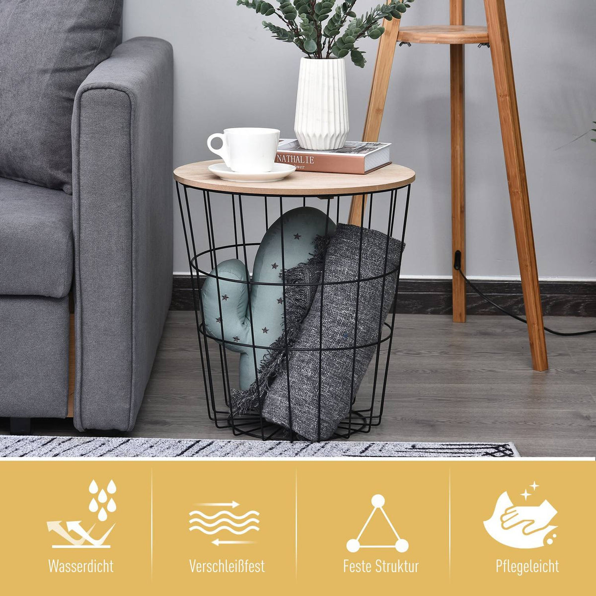 Coffee Table With Storage Space, Side Table, Coffee Table, Metal Mdf, Natural, Ø39.5X43Cm