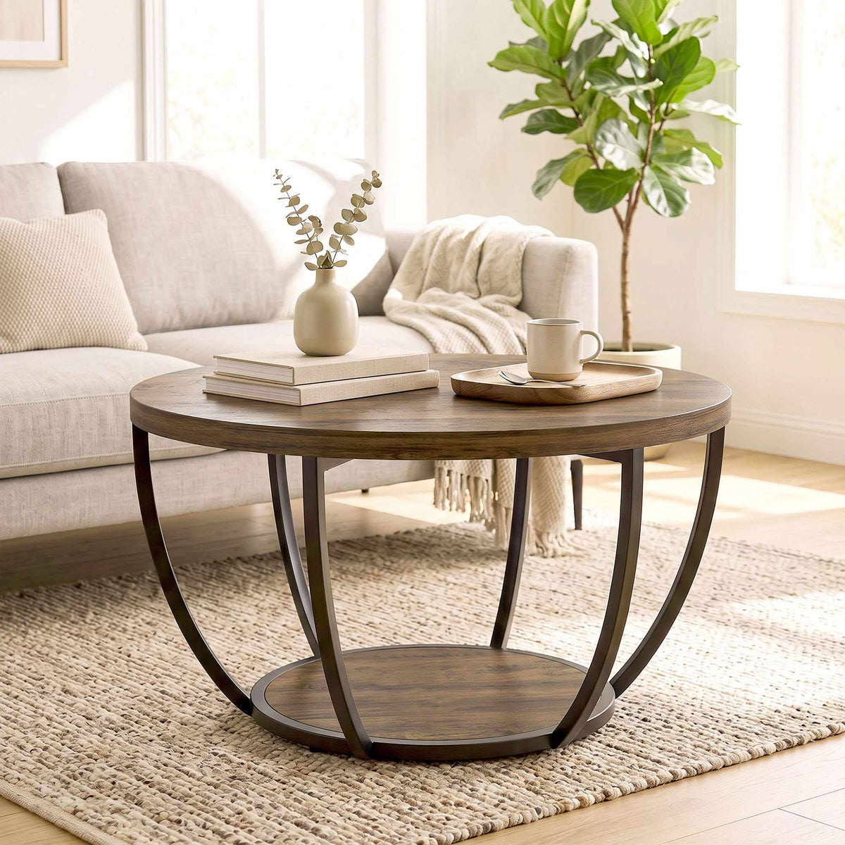 Coffee Table with 2 Tiers, 80x80x43.8 cm, Brown/Black