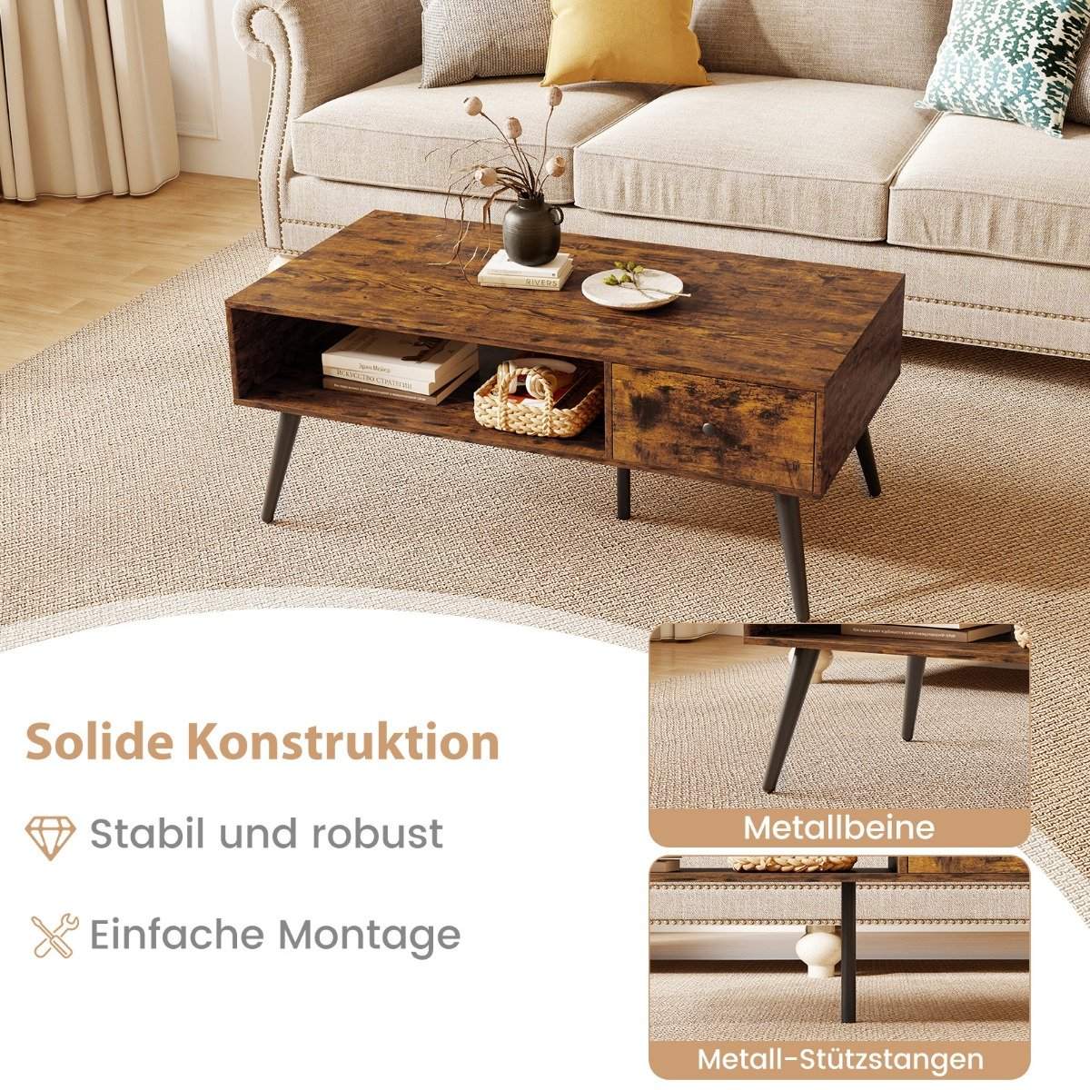 Coffee Table with Drawer and Open Shelf, 109 x 55 x 39.5 cm