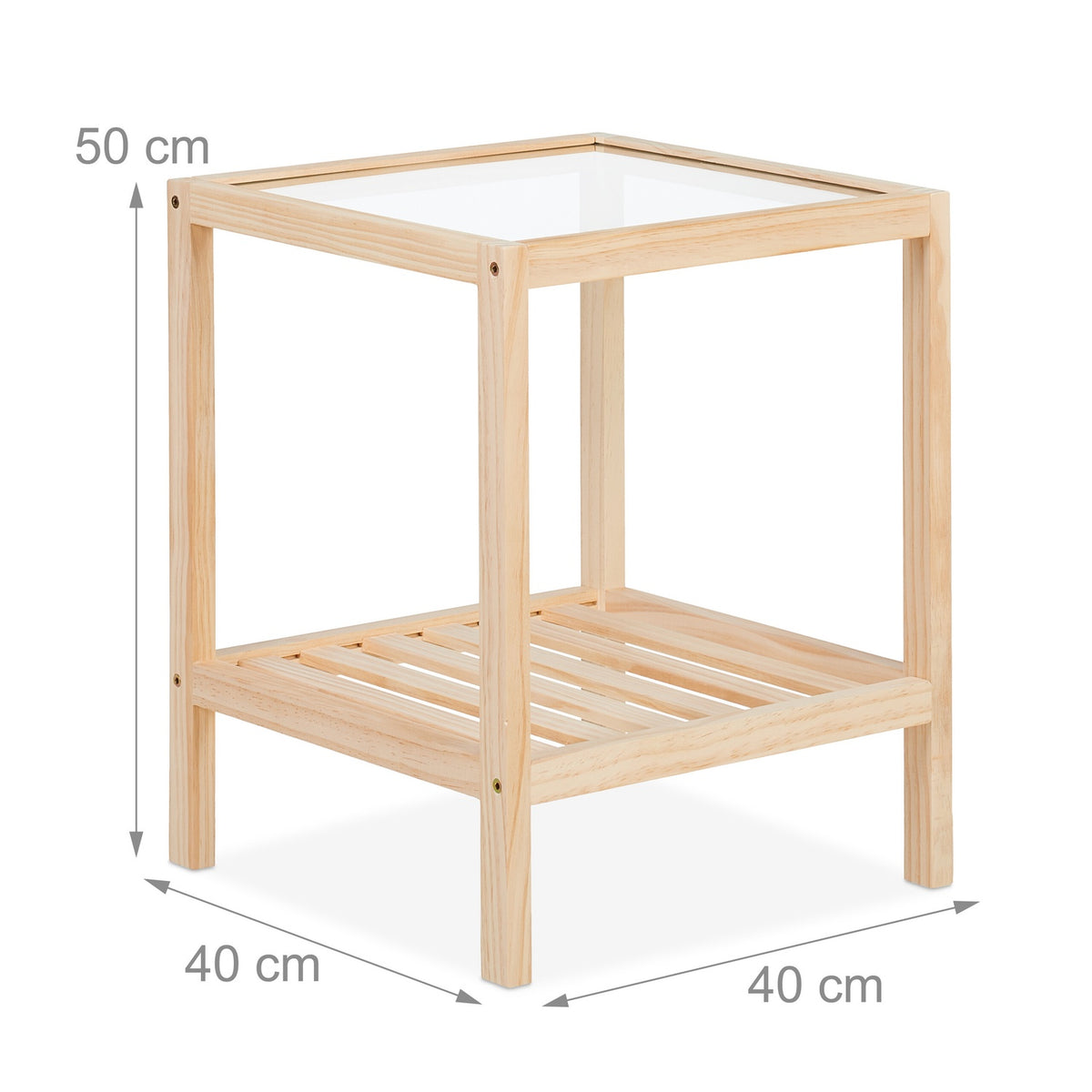 Coffee Table with Glass Top – Pine Wood, 2 Shelves