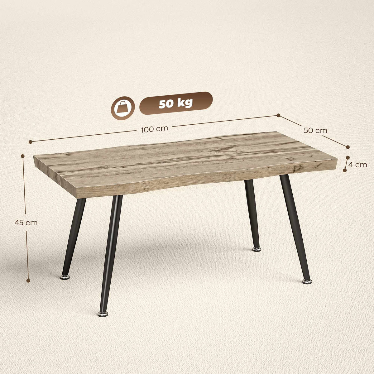 Coffee Table with Steel Legs, Oak Finish, 100x50x45 cm
