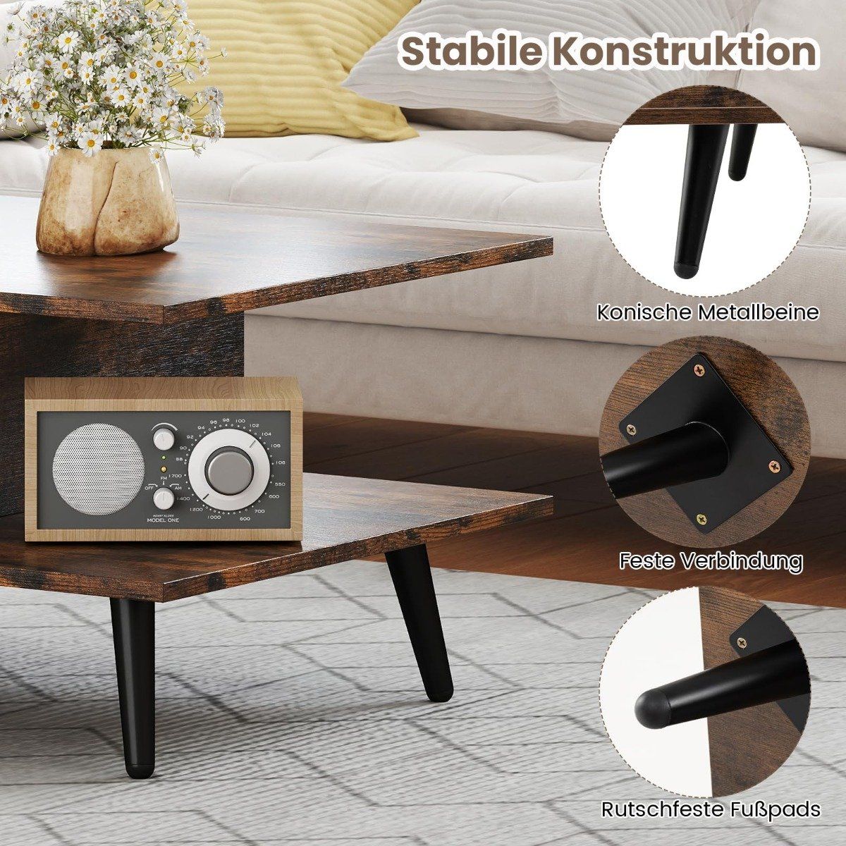 Coffee Table with Storage – 2-Tier Wood & Metal, 80x45x30 cm