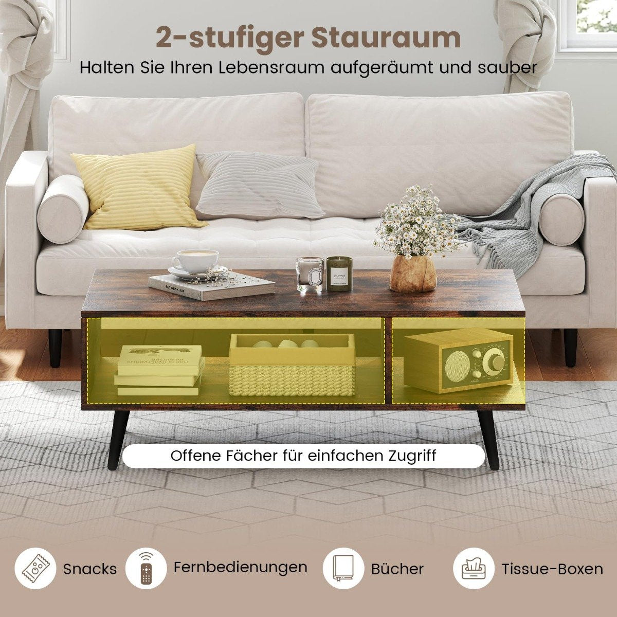 Coffee Table with Storage – 2-Tier Wood & Metal, 80x45x30 cm