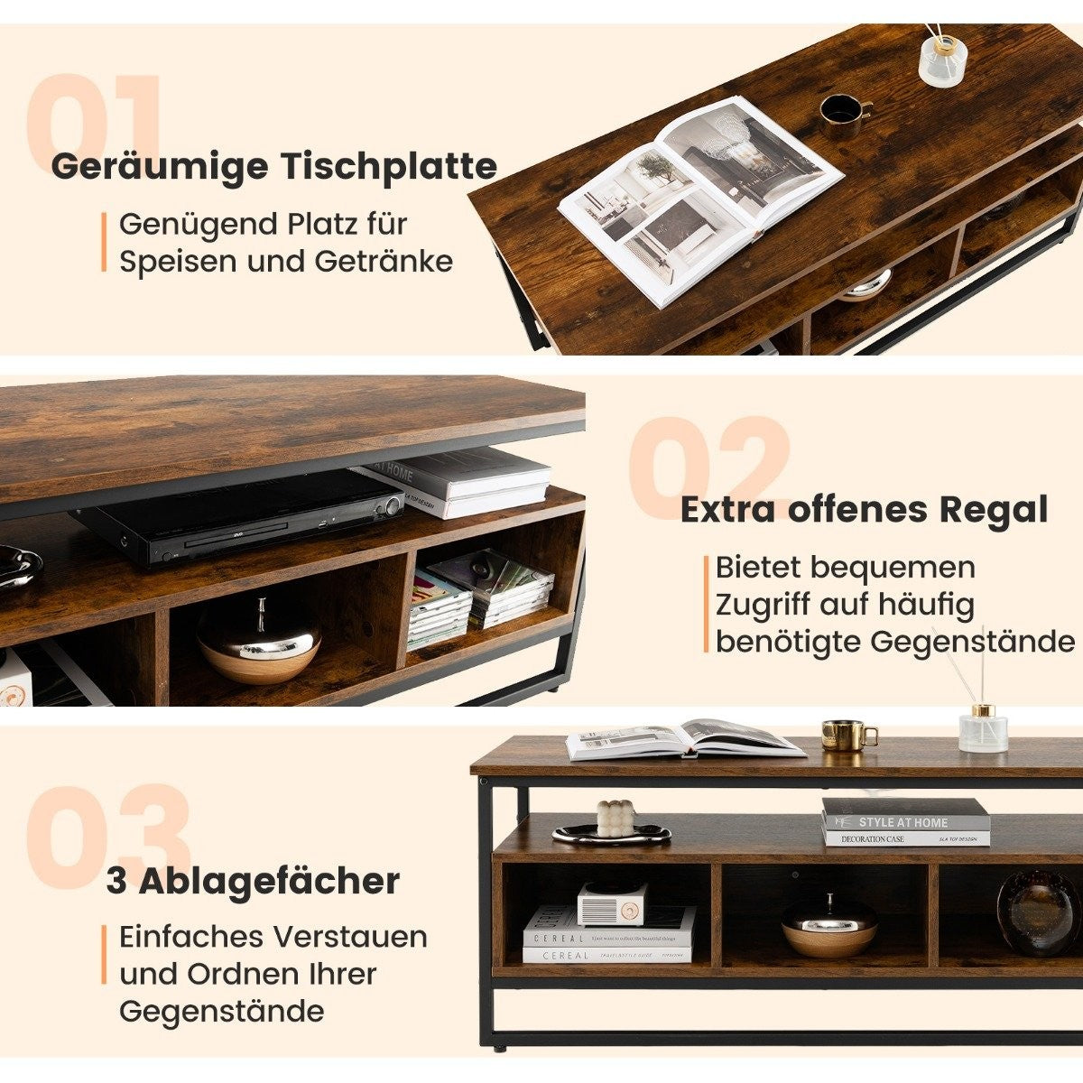 Coffee Table with Storage Industrial Table with Open Shelves 110 x 42.5 x 45 cm Rustic Brown