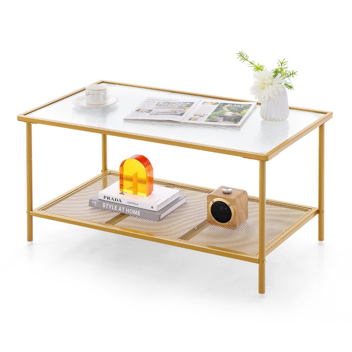 Coffee table glass glass table with 2 levels living room table with mesh shelf Golden 90 x 50 x 46 cm