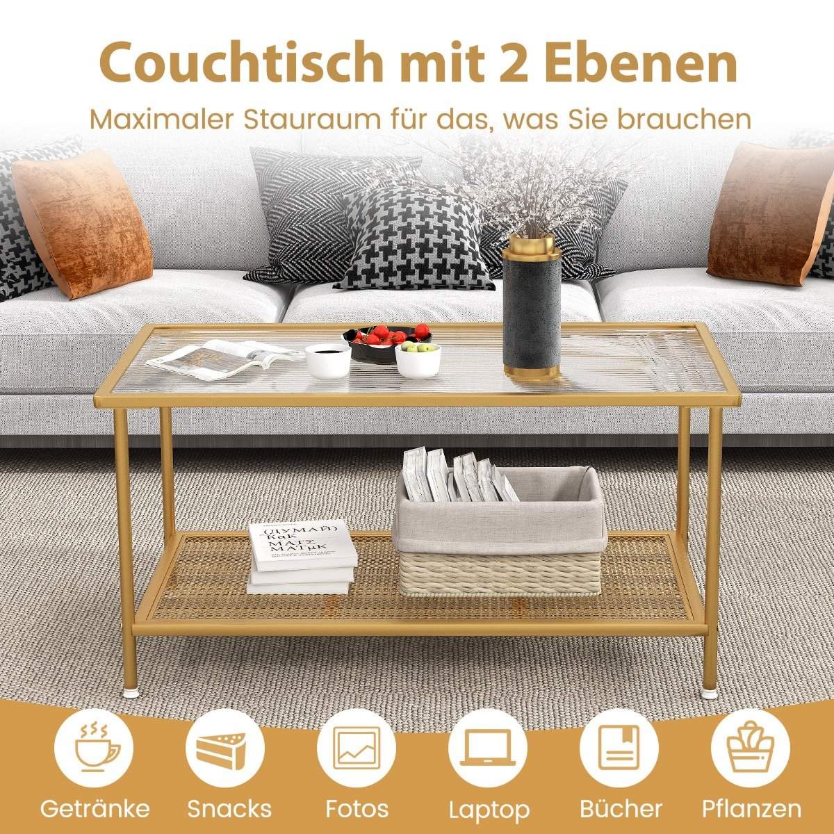Coffee table glass glass table with 2 levels living room table with mesh shelf Golden 90 x 50 x 46 cm