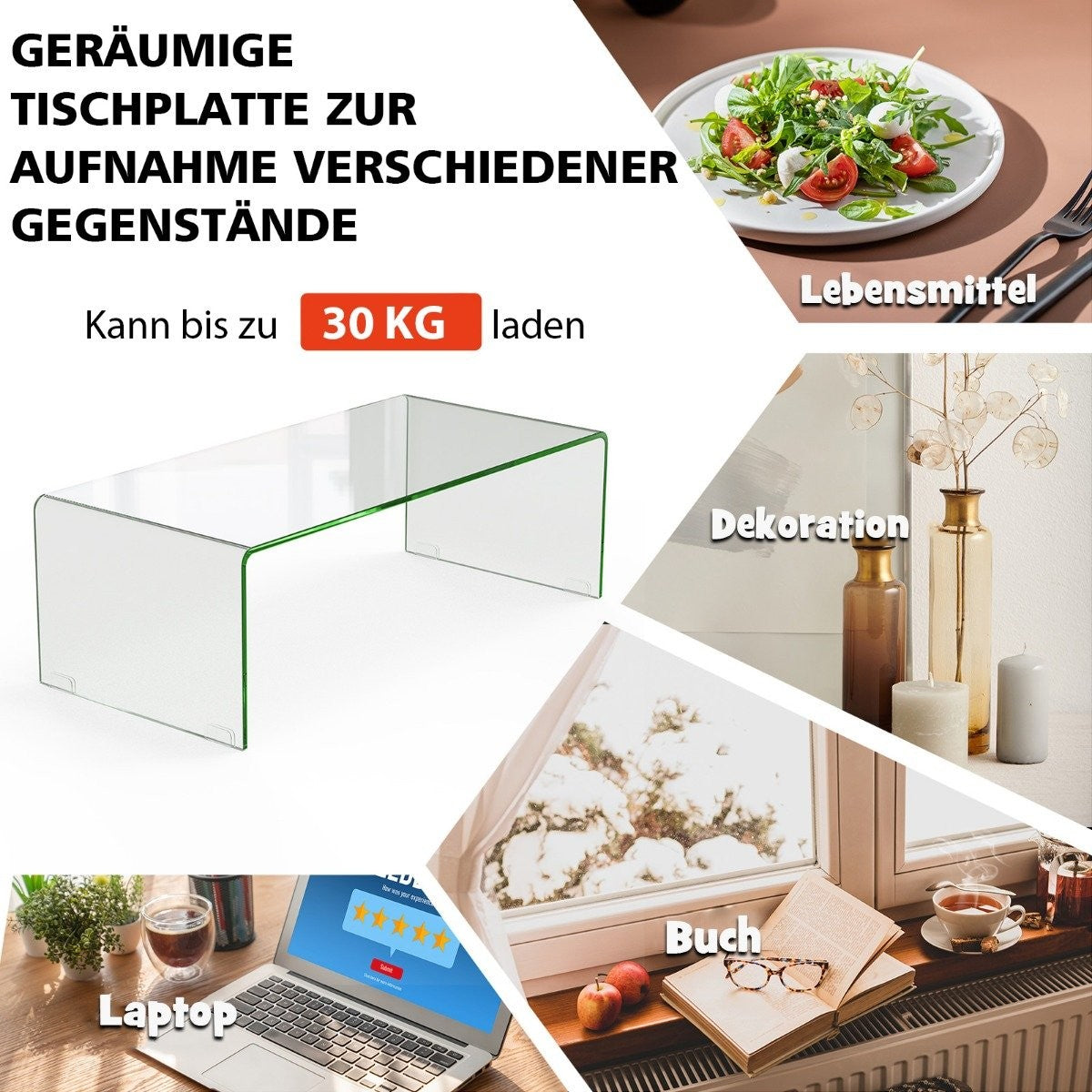 Coffee table glass table U-shaped side table made of tempered glass 108 x 50 x 35 cm