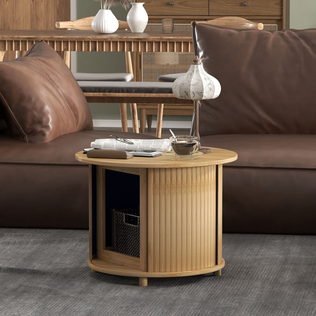 Coffee table living room table made of bamboo with hidden storage space and sliding door, round side table in modern style, for living room, natural, Ø60 x 45 cm