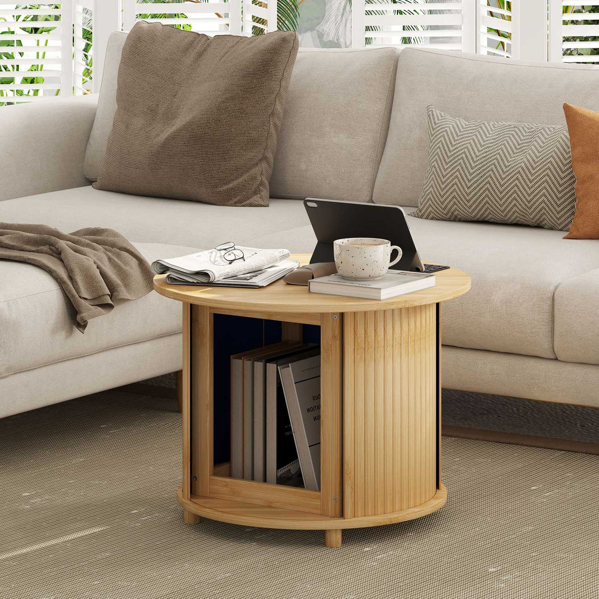 Coffee table living room table made of bamboo with hidden storage space and sliding door, round side table in modern style, for living room, natural, Ø60 x 45 cm