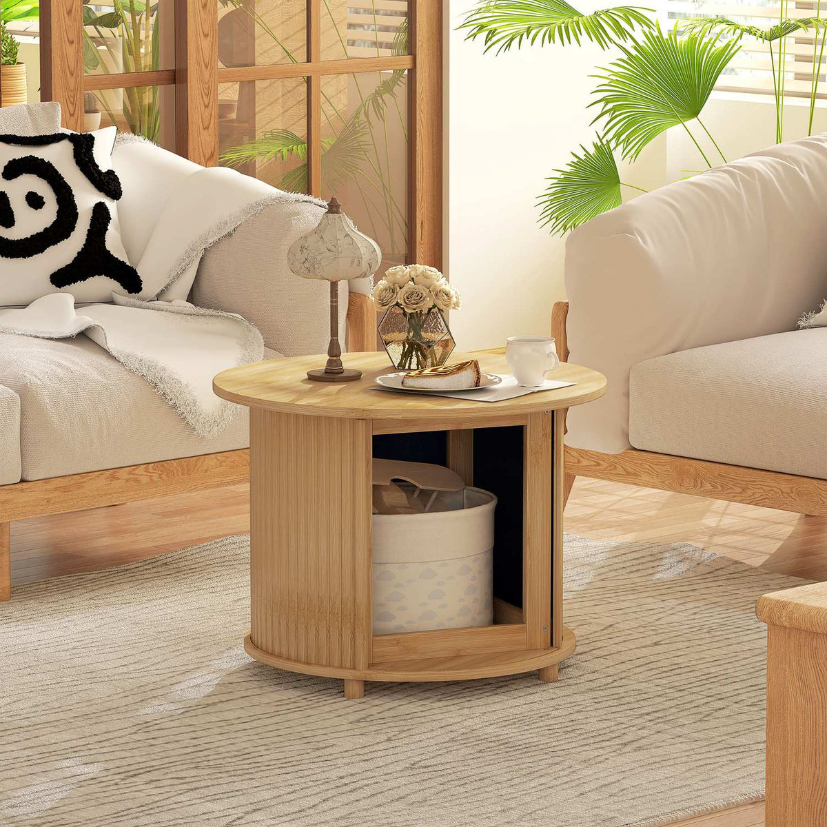 Coffee table living room table made of bamboo with hidden storage space and sliding door, round side table in modern style, for living room, natural, Ø60 x 45 cm