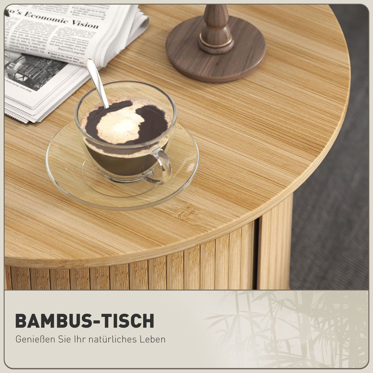 Coffee table living room table made of bamboo with hidden storage space and sliding door, round side table in modern style, for living room, natural, Ø60 x 45 cm