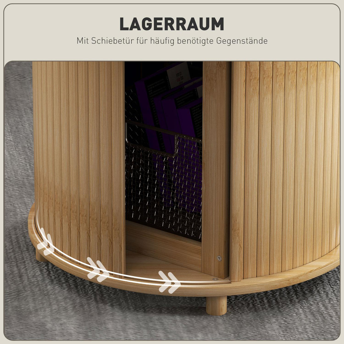 Coffee table living room table made of bamboo with hidden storage space and sliding door, round side table in modern style, for living room, natural, Ø60 x 45 cm