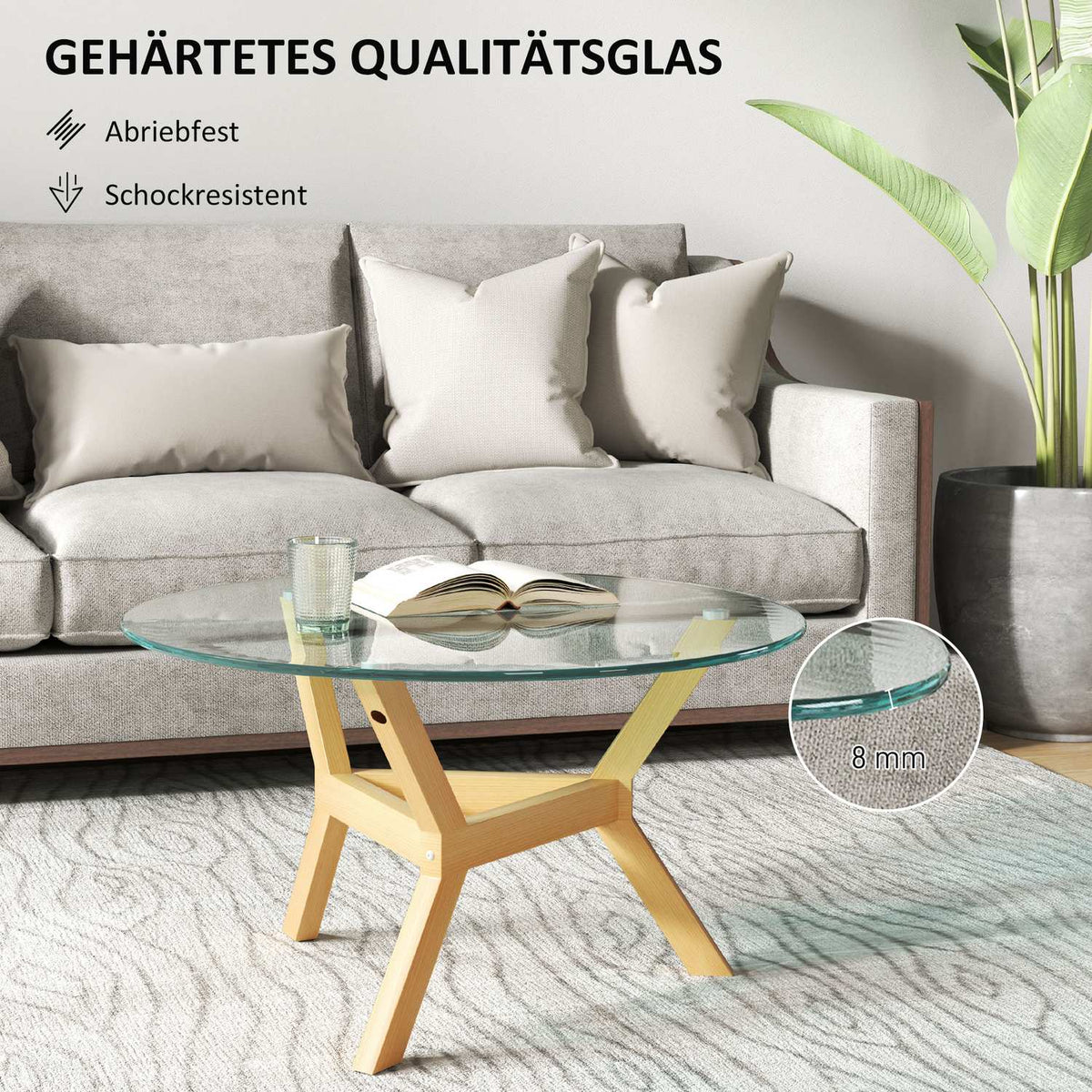 Coffee table made of tempered glass, living room table with adjustable foot pads and steel frame, round side table for living room, transparent, Ø80 x 45 cm