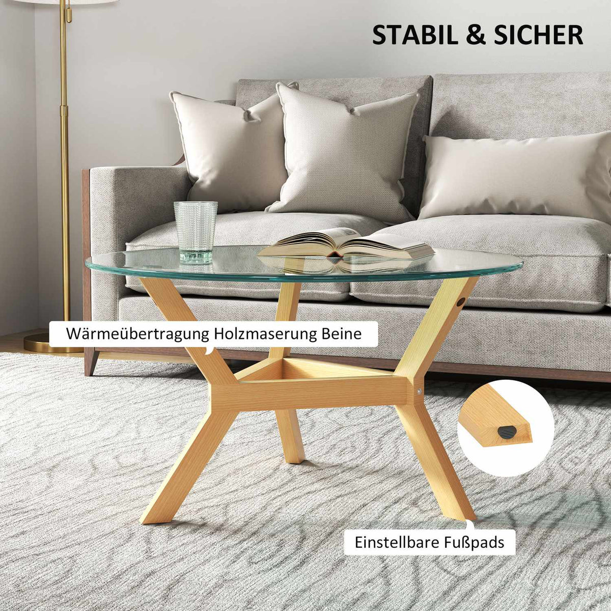 Coffee table made of tempered glass, living room table with adjustable foot pads and steel frame, round side table for living room, transparent, Ø80 x 45 cm