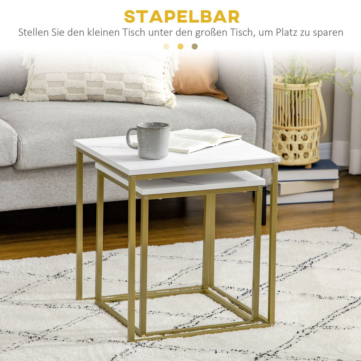 Coffee table set of 2, side table, coffee table, nesting table, sofa table with steel frame, living room table for bedroom, white