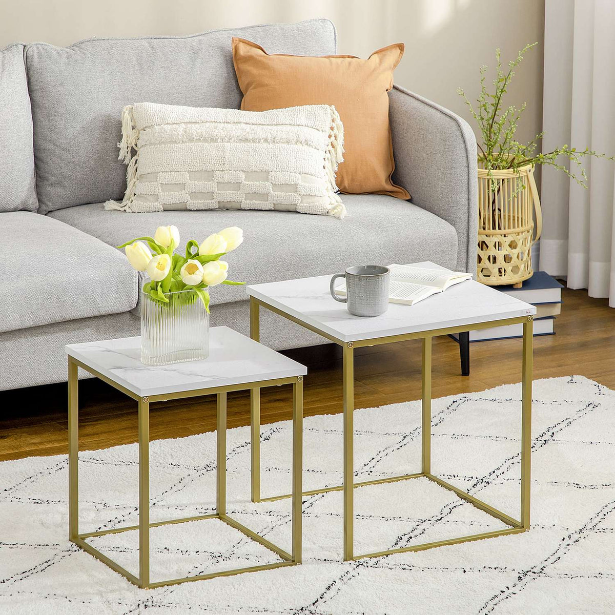 Coffee table set of 2, side table, coffee table, nesting table, sofa table with steel frame, living room table for bedroom, white