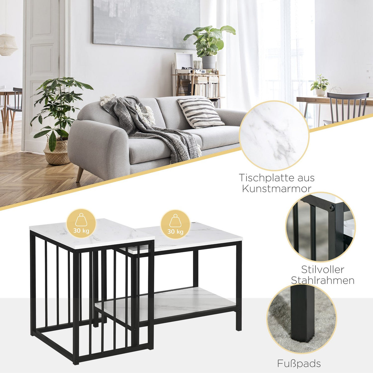 Coffee table set of 2 side tables, coffee table, nesting table, sofa table in modern design, living room table with marble look, for bedroom, steel