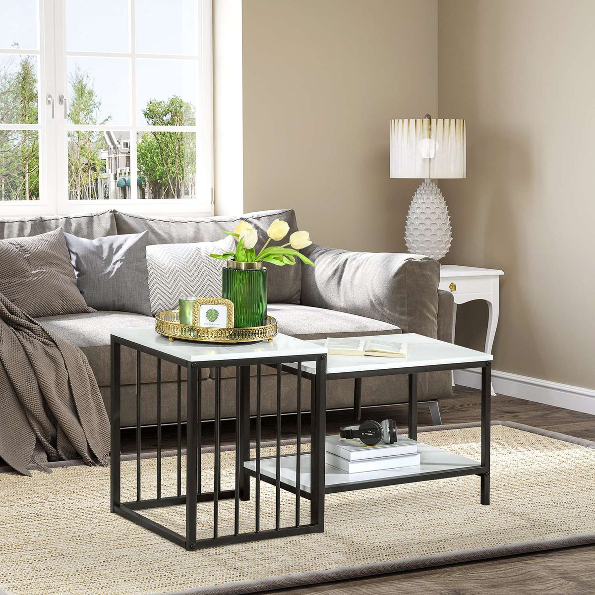 Coffee table set of 2 side tables, coffee table, nesting table, sofa table in modern design, living room table with marble look, for bedroom, steel