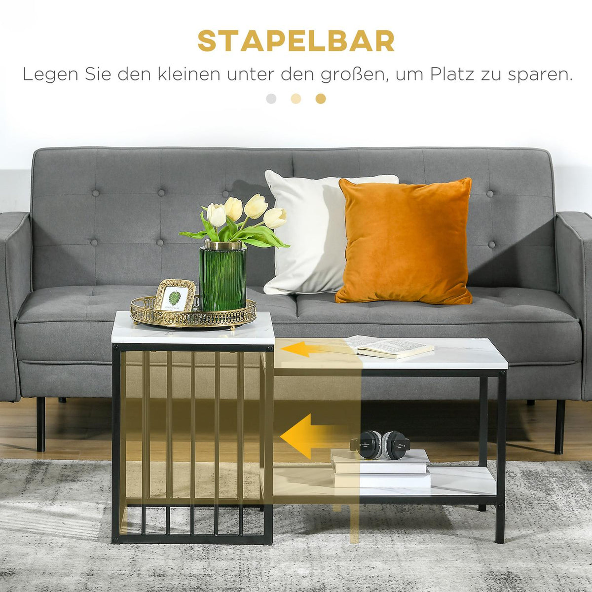 Coffee table set of 2 side tables, coffee table, nesting table, sofa table in modern design, living room table with marble look, for bedroom, steel
