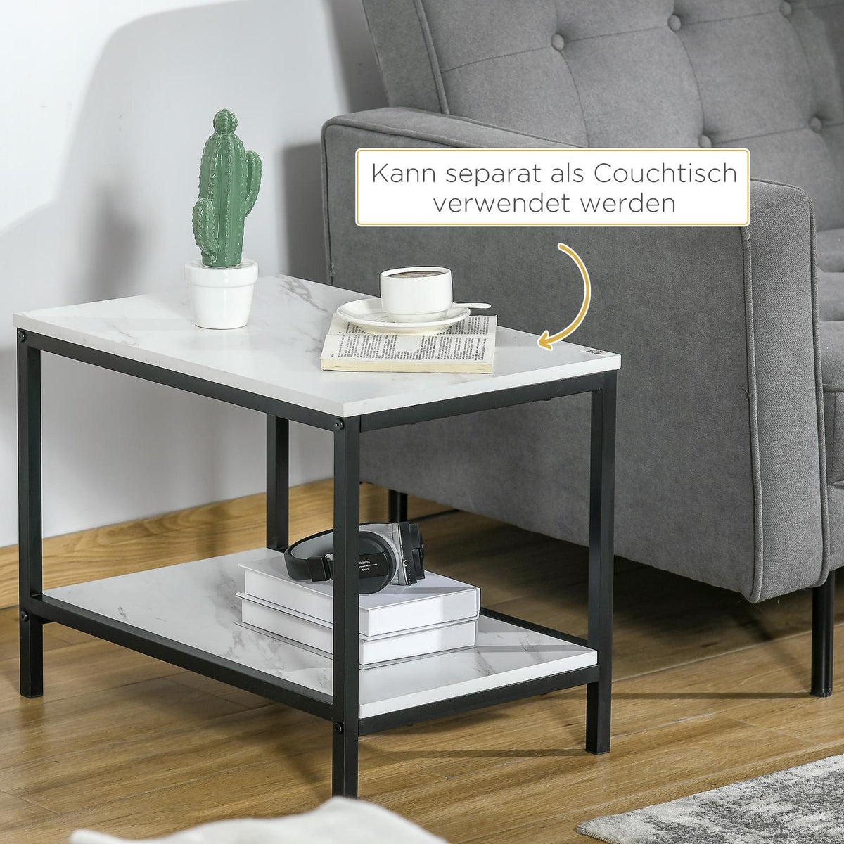 Coffee table set of 2 side tables, coffee table, nesting table, sofa table in modern design, living room table with marble look, for bedroom, steel