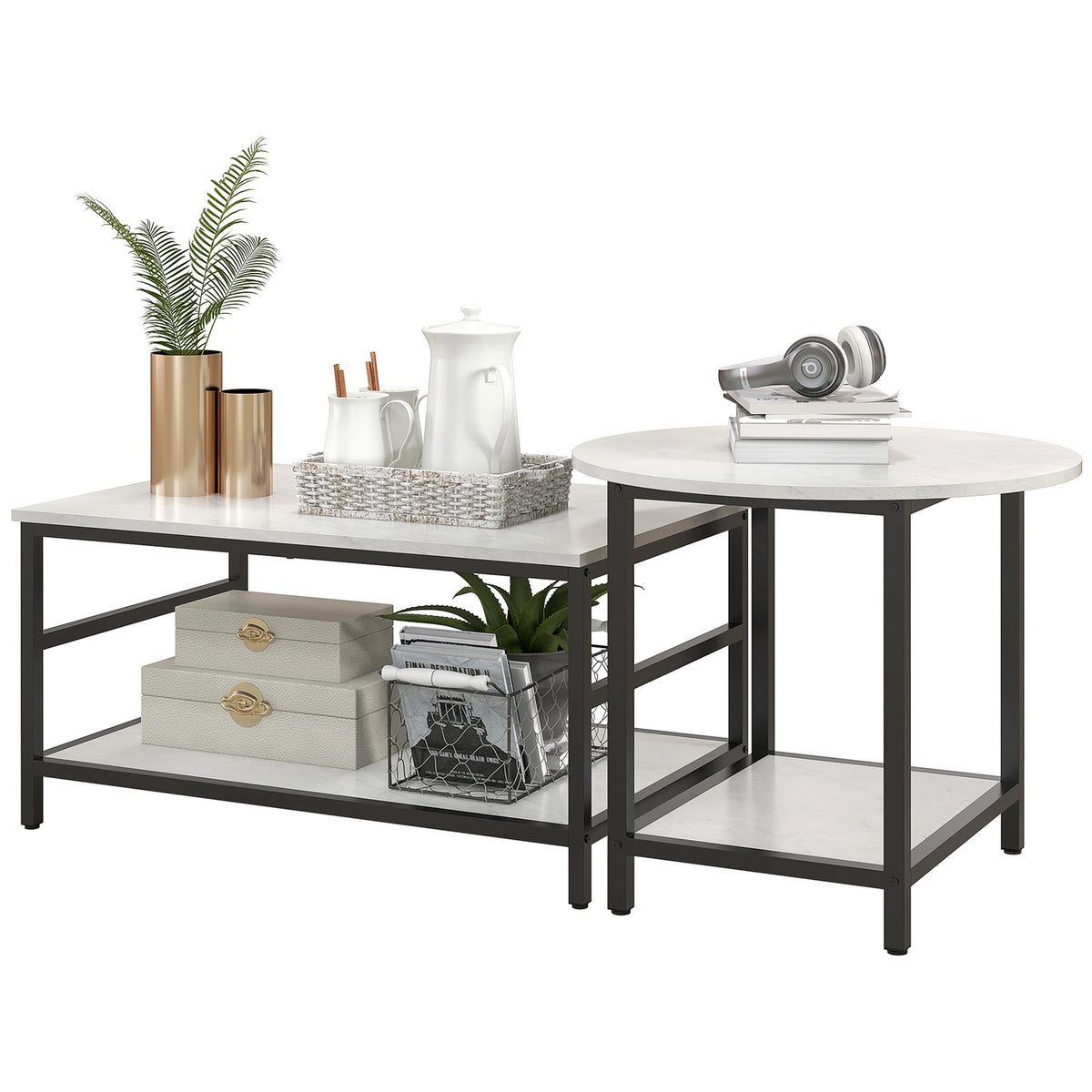 Coffee table set of 2 side tables, coffee table, sofa table in a modern design with a marble look for the living room, bedroom, steel