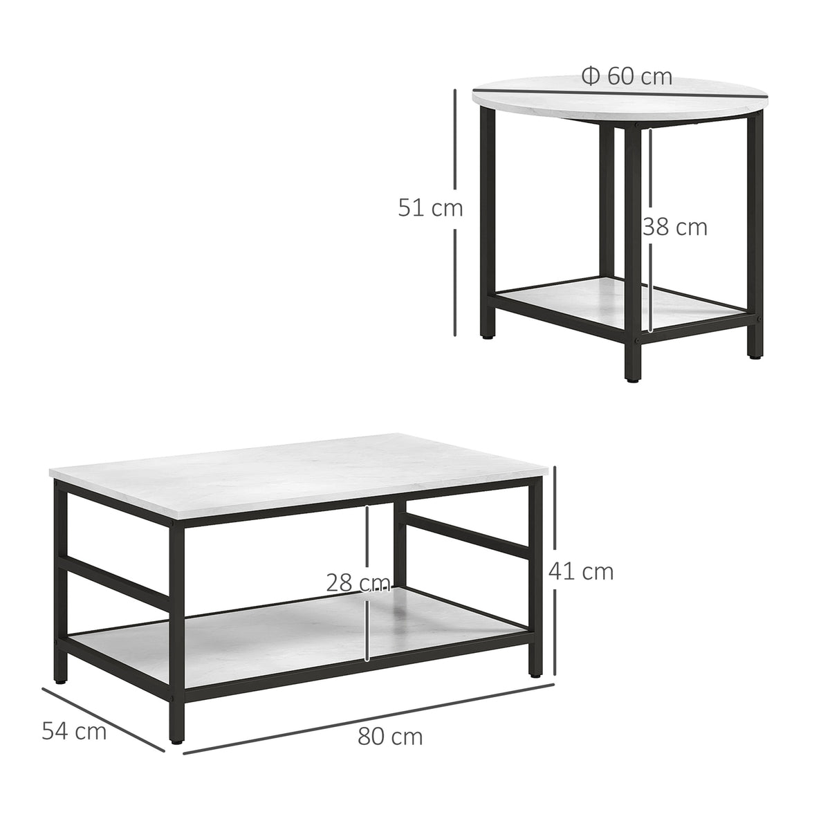 Coffee table set of 2 side tables, coffee table, sofa table in a modern design with a marble look for the living room, bedroom, steel