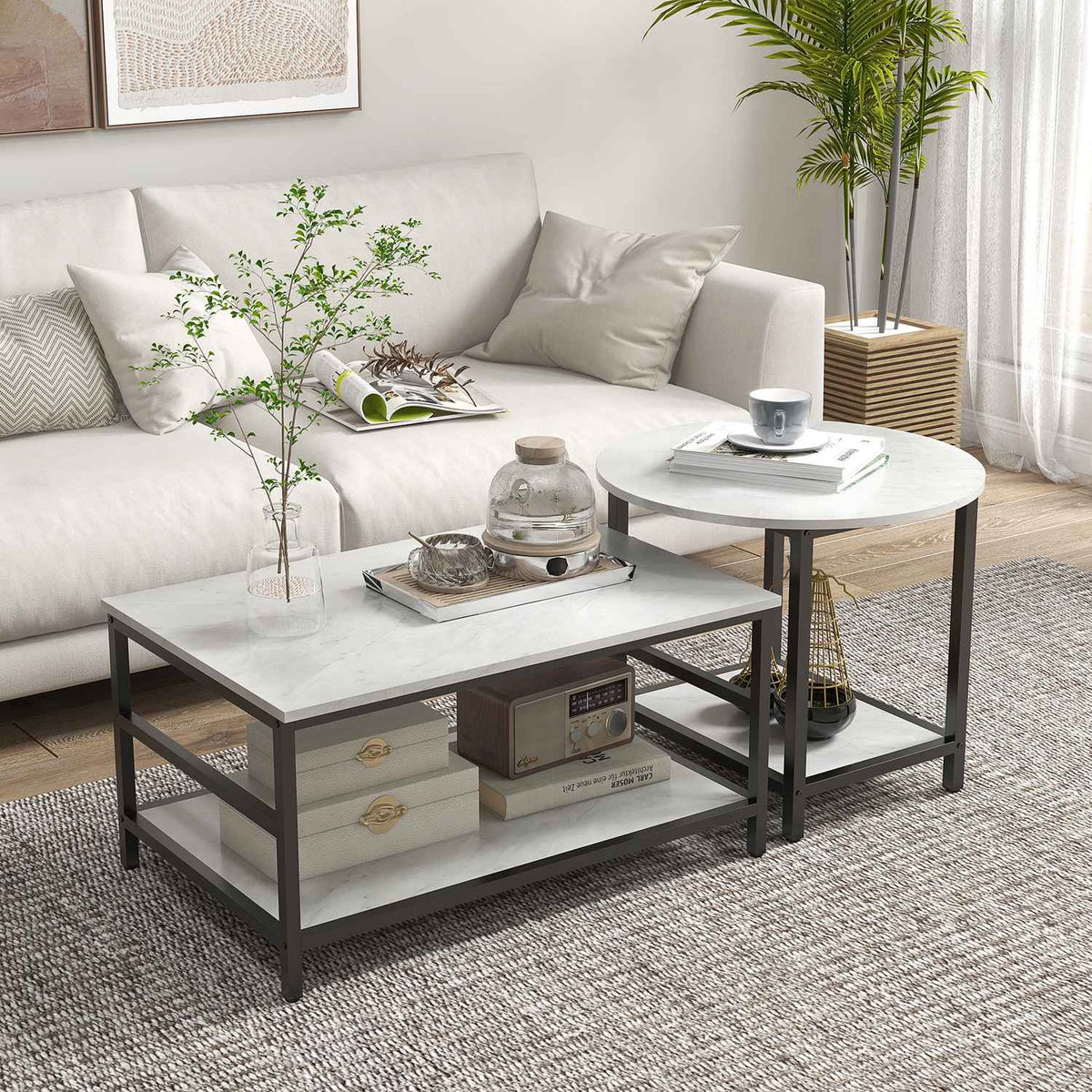 Coffee table set of 2 side tables, coffee table, sofa table in a modern design with a marble look for the living room, bedroom, steel