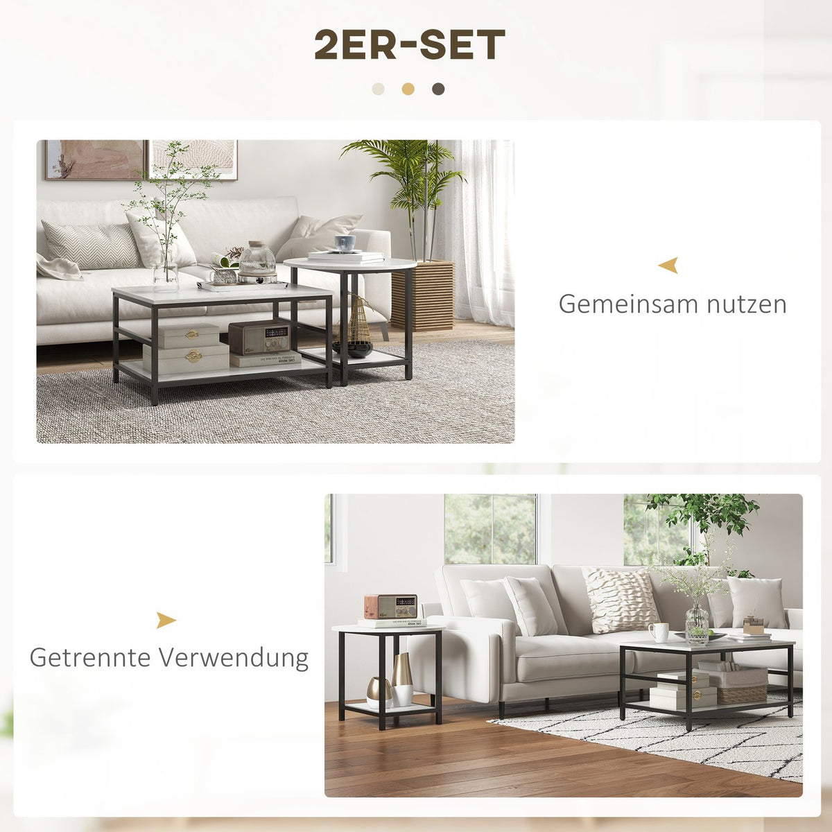 Coffee table set of 2 side tables, coffee table, sofa table in a modern design with a marble look for the living room, bedroom, steel
