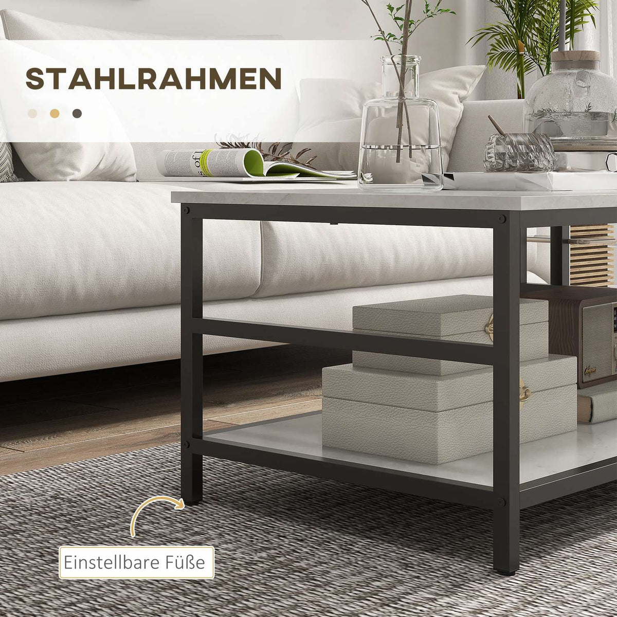 Coffee table set of 2 side tables, coffee table, sofa table in a modern design with a marble look for the living room, bedroom, steel