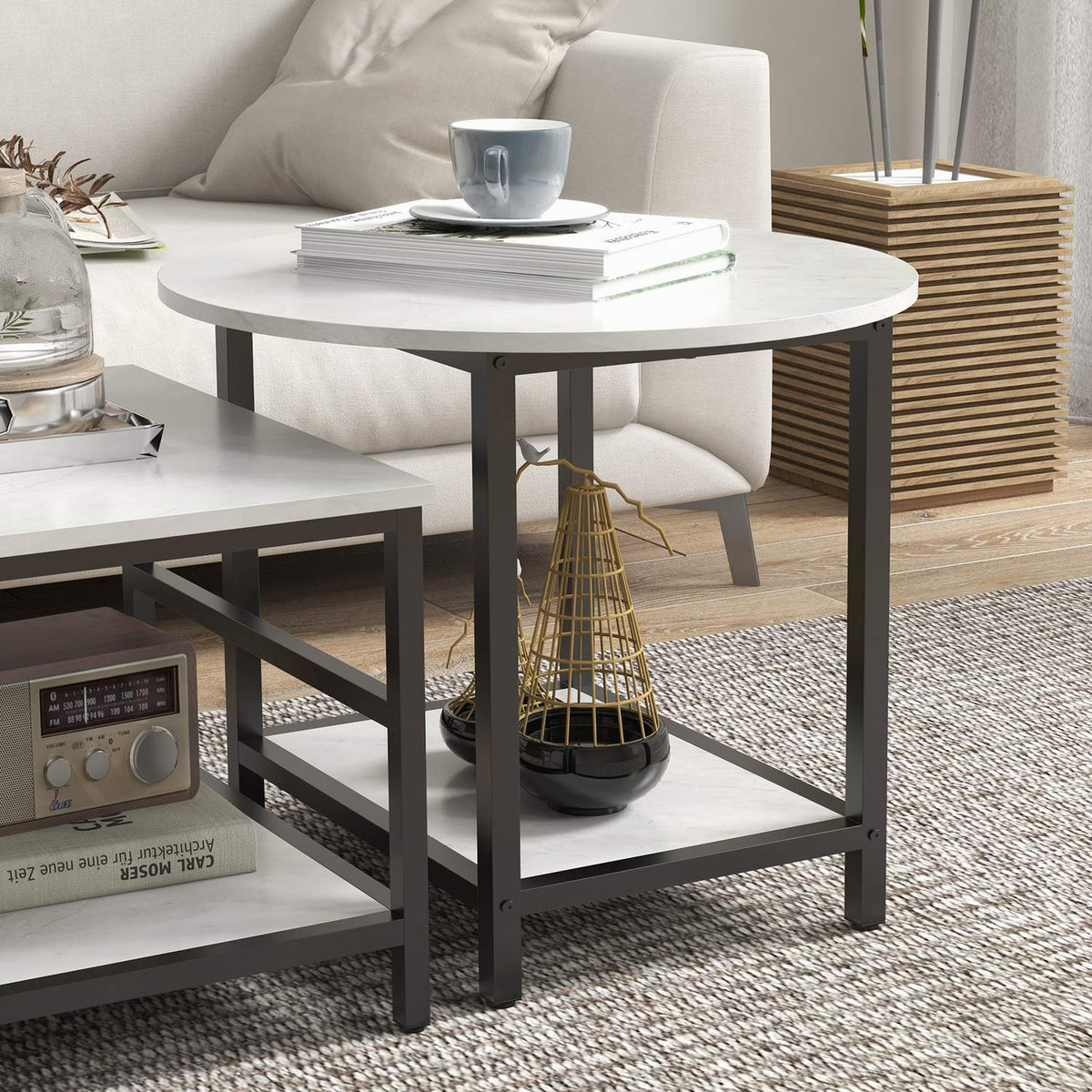 Coffee table set of 2 side tables, coffee table, sofa table in a modern design with a marble look for the living room, bedroom, steel