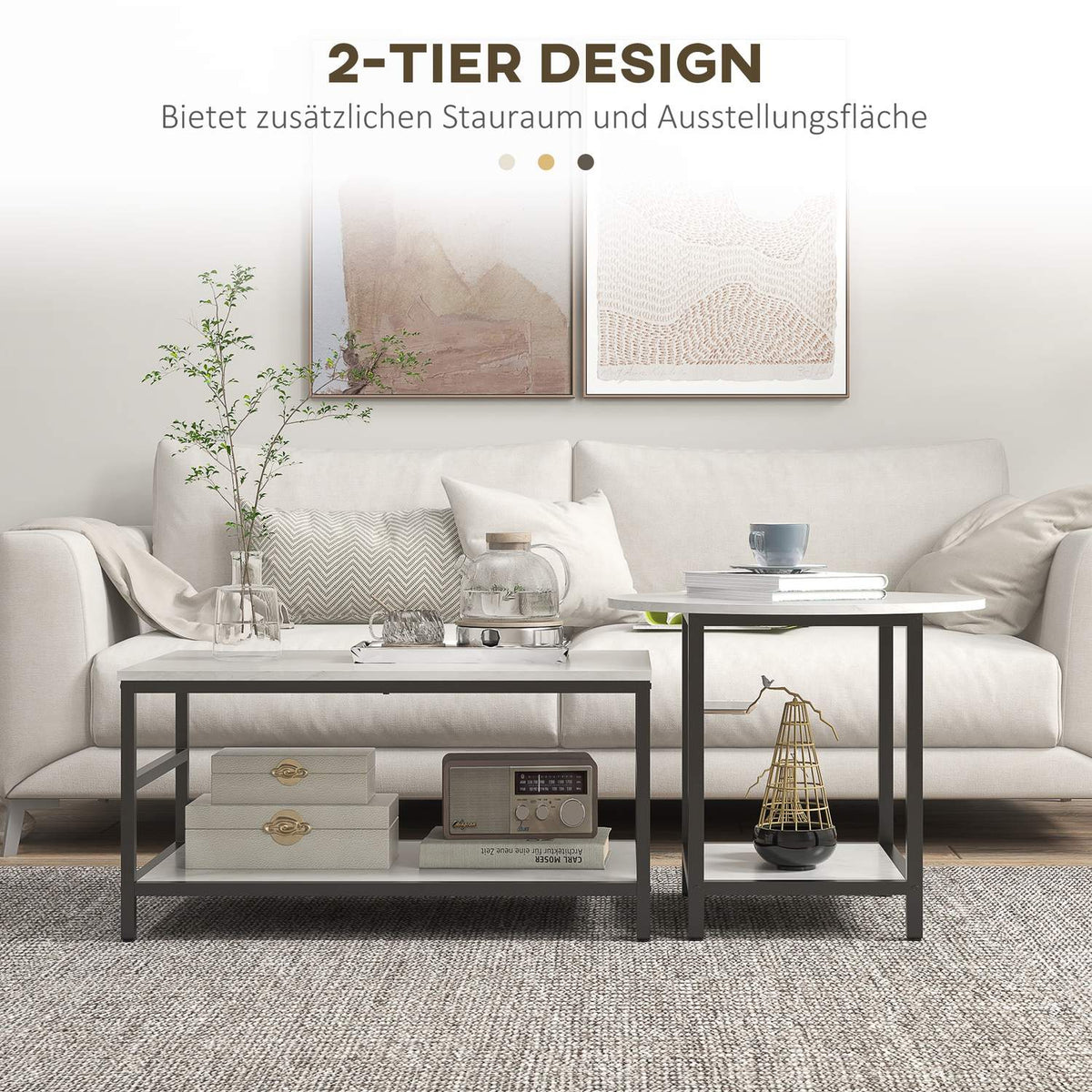 Coffee table set of 2 side tables, coffee table, sofa table in a modern design with a marble look for the living room, bedroom, steel